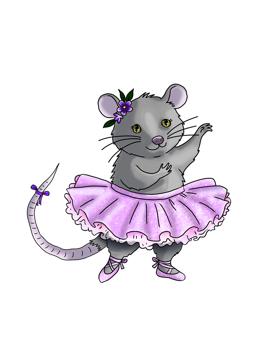 A full-body portrait of Belladonna, a dancing possum wearing a tutu, ballet slippers, and a little tail bow