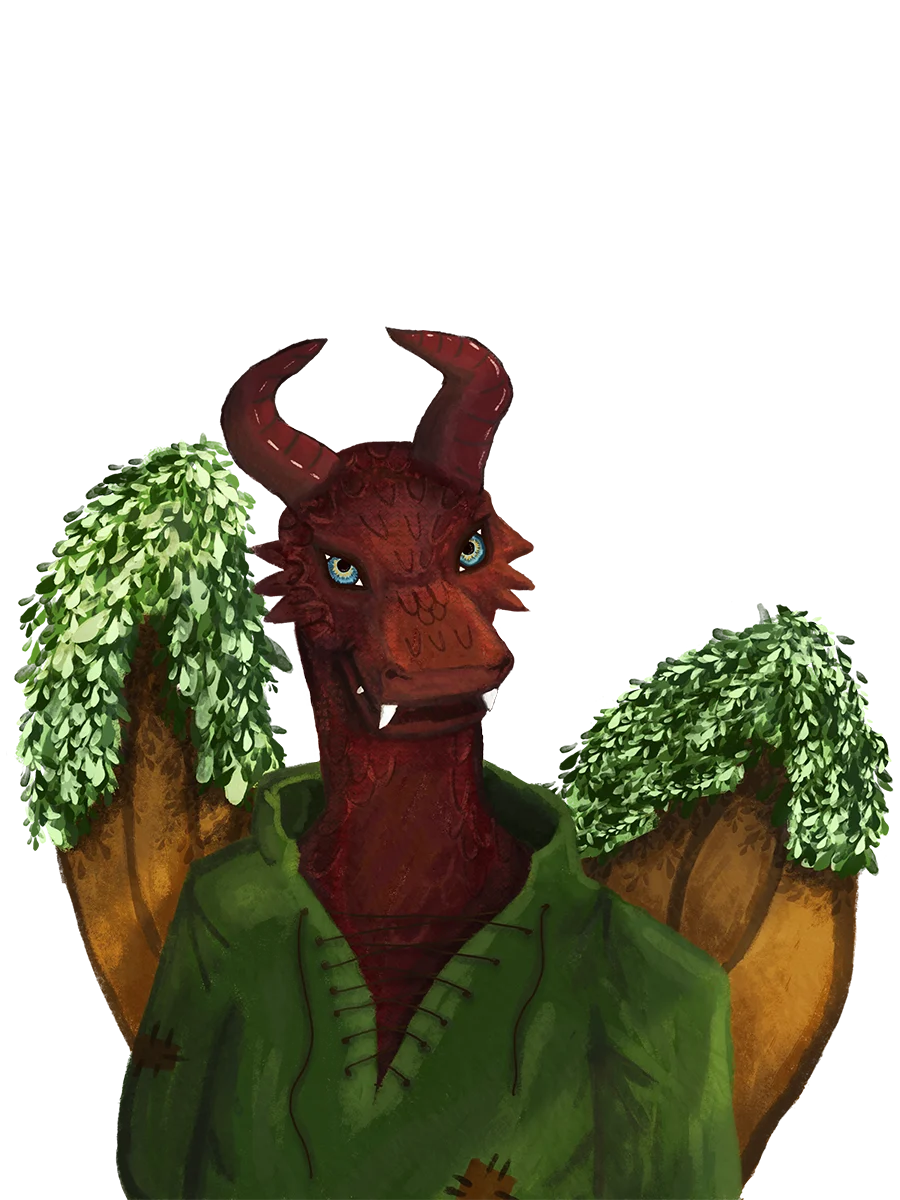 Cinnabar, a travelling trader, standing behind his stall.